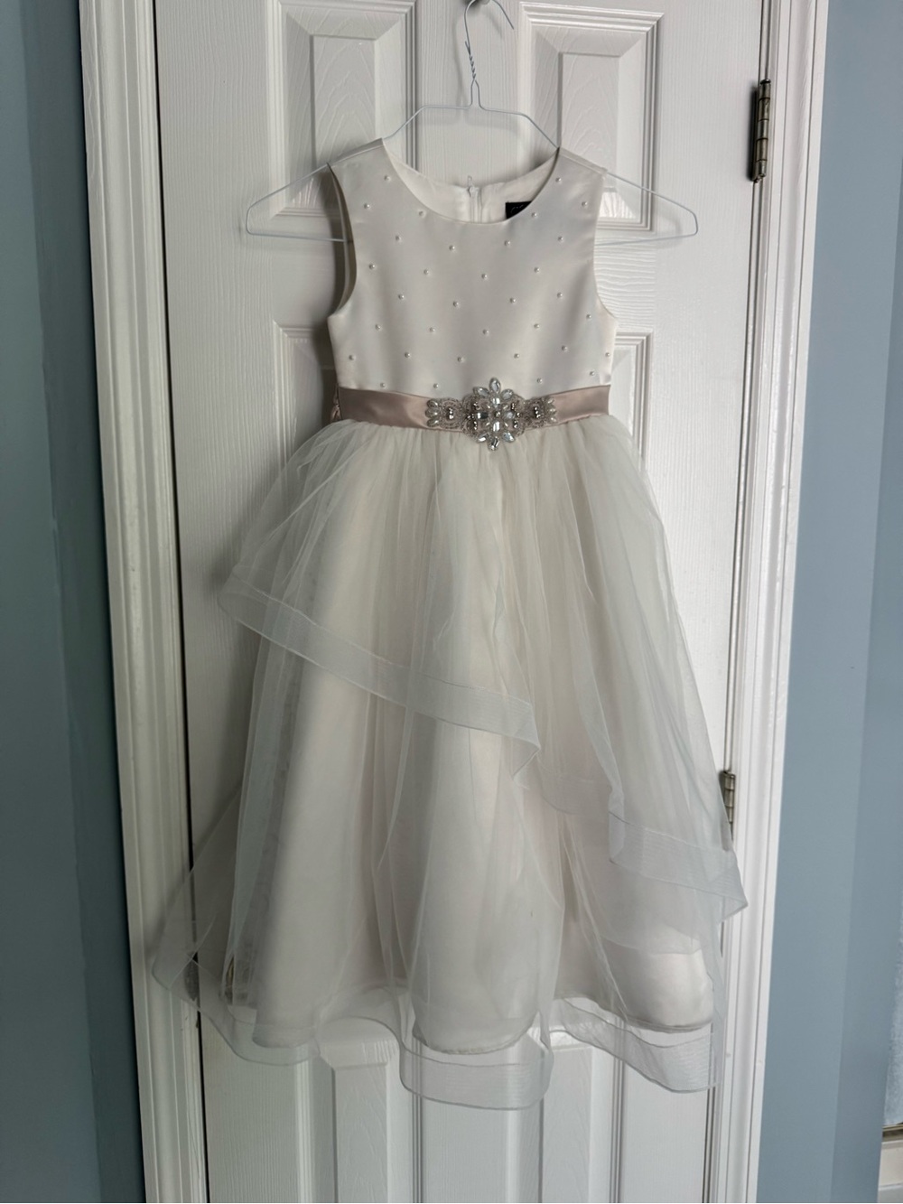Ivory Pearl-Embellished Tulle Dress with Satin Sash for Girls
